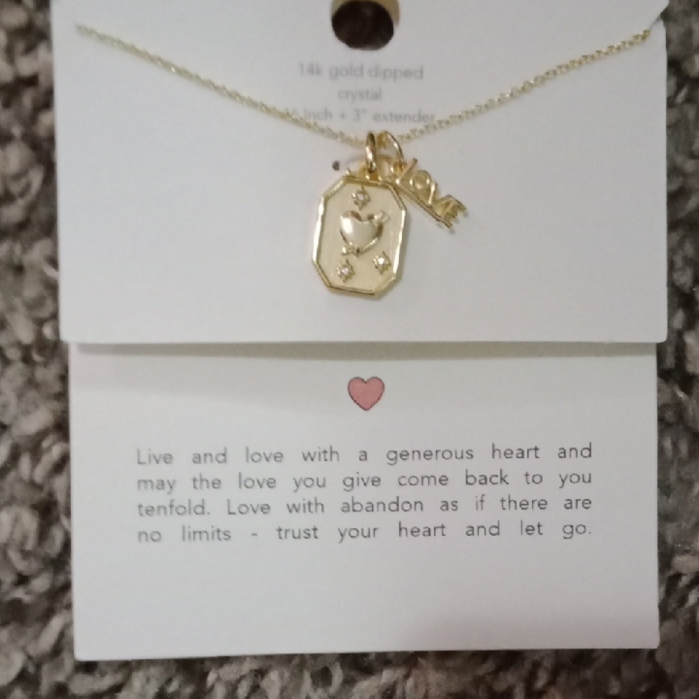NWT Gold Dipped Crystal Necklace with Heart Pendant And LOVE pendant